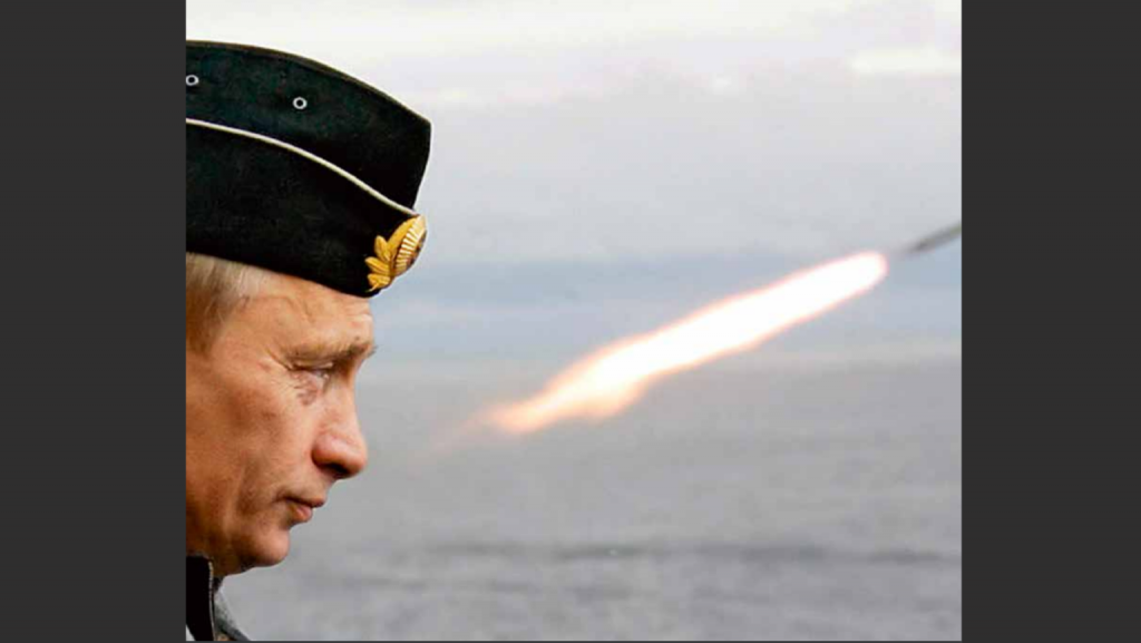 Guerra in Ucraina: profilo di Putin con scia di un missile